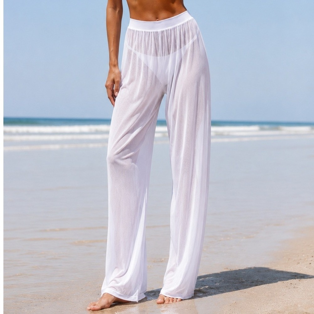 White Sheer Mesh Wide Leg Pants Elastic Waist Beach Coverup Festival Rave EstSml